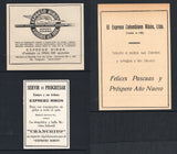 COLOMBIAN PRIVATE EXPRESS COMPANIES - 1934 - RIBON ADVERTISING: Three RIBON adverts cut from contemporary Colombian newspapers or magazines all with different advertising including one with lovely 'Expreso Ribon Rapidez Seguridad Fundado en 1906' winged mercury & train logo. The three pieces are dated on reverse in pencil between 1934 and 1946. A fantastic group of supporting documents for display.  (COL45172)