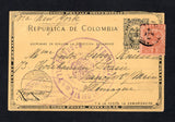 COLOMBIA - 1902 - 1000 DAYS WAR & CENSORSHIP: 2c black on yellow buff postal stationery card (H&G 13) used with added 1898 5c brown on pale brown (SG 172) tied by BARRANQUILLA cds dated 11 MAY 1902 with large circular 'REPUBLICA DE COLOMBIA - DEPARTAMENTO DE BOLIVAR - PREFECTURA DE LA PROVINCIA BARRANQUILLA' Arms censor mark in purple on front. Addressed to GERMANY with arrival cds also on front.  (COL45502)
