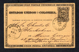 COLOMBIA - 1886 - POSTAL STATIONERY: 2c black on yellow buff postal stationery card (H&G 8) datelined 'Mompos abril 8 de 1886' on reverse used with BARRANQUILLA cds dated ABR 14 1886 on reverse and fine strike of TRANSITO COLON cds dated 21 ABR 1886 on front. Addressed to USA with arrival cds on front.  (COL45503)