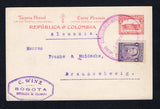 COLOMBIA - 1924 - POSTAL STATIONERY: 2c red on white postal stationery card (H&G 20) used with added 1917 4c purple (SG 360) tied by large BOGOTA cds dated 19 MAY 1924. Addressed to GERMANY.  (COL45504)