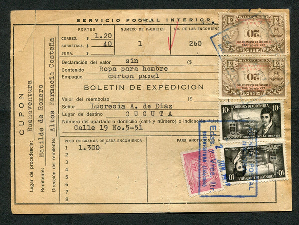 COLOMBIA - 1958 - PARCEL FORM: 'Servicio Postal Interior' BOLETIN DE EXPEDICION parcel post form franked with 1952 1p carmine, pair 1953 20c brown 'Extra Rapido' opt issue & 1957 2 x 10c black,  (SG 760, 777 & 933) all tied by fine boxed EDAS Y VRES LTR BUENAVENTURA cancels in blue. Addressed to CUCUTA with ENCOMIENDAS arrival marking on reverse.  (COL/464)