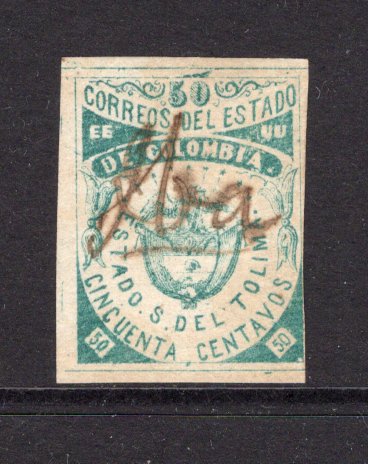 COLOMBIAN STATES - TOLIMA - 1871 - CLASSIC ISSUES: 50c deep green used with IBA manuscript cancel, three large margins, close at right. Scarce stamp in genuine used condition. (SG 16)  (COL/6694)