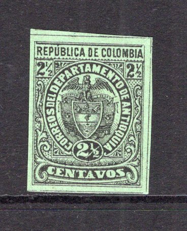 COLOMBIAN STATES - ANTIOQUIA - 1889 - COLOUR TRIAL: 2½c black on green 'Arms' issue an imperf COLOUR TRIAL in unissued colour (the issued stamp was printed in black on pale blue). A fine example. (As SG 75)  (COL/7428)