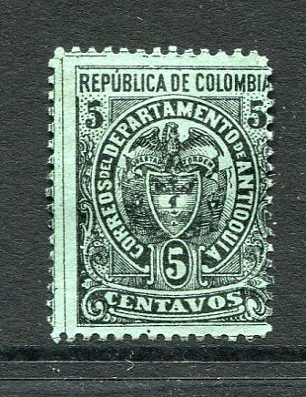 COLOMBIAN STATES - ANTIOQUIA - 1889 - COLOUR TRIAL: 5c black on green 'Arms' issue a perforated COLOUR TRIAL in unissued colour (the issued stamp was printed in black on yellow). A fine example.. (As SG 76)  (COL/7429)