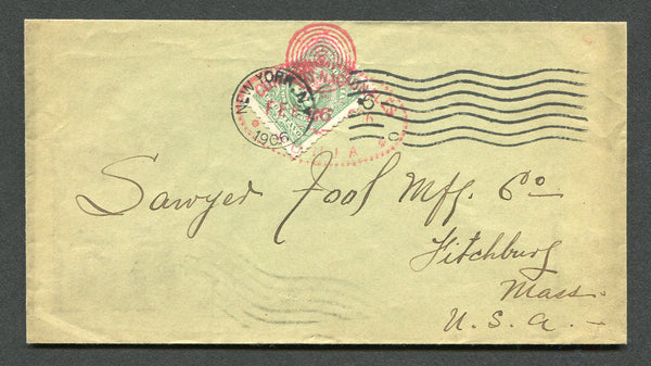 COLOMBIA - 1906 - CANCELLATION & RATE: Unsealed cover franked with 1904 1c green 'Numeral' issue (SG 271) tied sawtooth oval CORREOS NACIONALES TUNJA cancel in red dated FEB 26 1906. Addressed to USA with NEW YORK arrival cds also tying stamp and other transit and arrival marks on reverse.  (COL/8394)