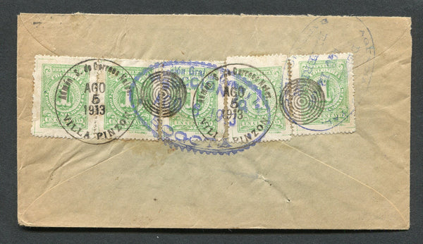 COLOMBIA - 1913 - CANCELLATION: Cover franked on reverse with 5 x 1908 1c green 'Numeral' issue (SG 293) tied by two strikes of ADMON S DE CORREOS NALES VILLA PINZON duplex cds in black dated AGO 5 1913. Addressed to USA with various BARRANQUILLA & BOGOTA transit marks on front & reverse.  (COL/8396)