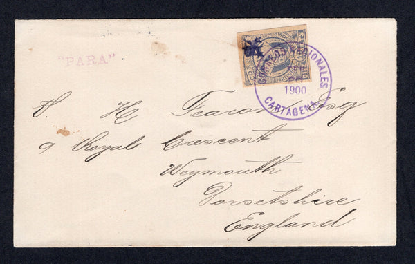 COLOMBIA - 1900 - 1000 DAYS WAR & MARITIME MAIL: Cover franked with single 1899 10c grey blue on buff 'Cartagena' issue (SG 176) tied by fine CORREOS NACIONALES CARTAGENA cds dated FEB 20 1900. Addressed to UK with small handstruck "PARA" ship marking alongside. Partial arrival cds on reverse. Scarce.  (COL/8470)