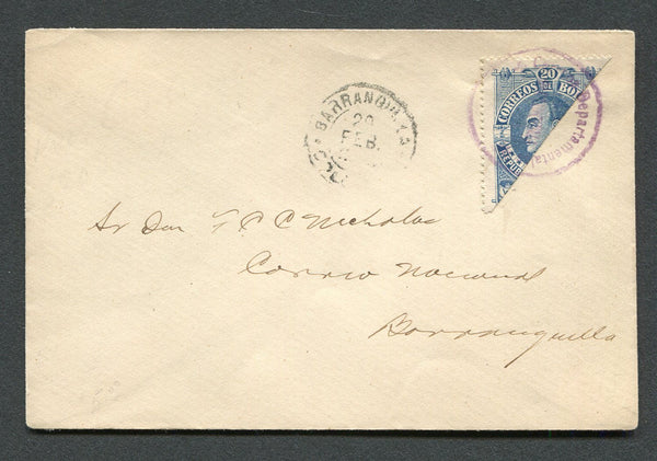 COLOMBIAN STATES - BOLIVAR - 1902 - BISECT: Small unsealed cover franked with 1891 20c blue (SG 59) diagonally BISECTED and tied by small CORREOS DEPARTMENTALES BARRANQUILLA in violet with BARRANQUILLA cds in black alongside. Addressed locally. Scarce.  (COL/8486)