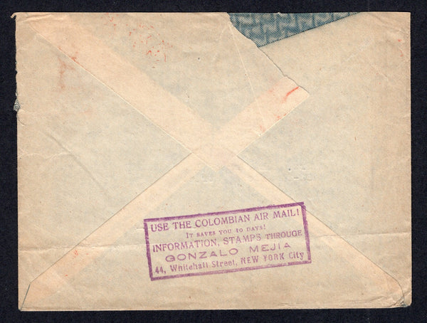 COLOMBIAN AIRMAILS - SCADTA - 1923 - CONSULAR AGENTS CACHETS: Cover franked 1917 5c blue & 1920 1c green plus 1921 50c grey blue SCADTA issue (SG 361, 382 & 23) tied by MEDELLIN SCADTA cds's in red. Addressed to USA with fine strike of boxed 'Use the Colombian Air Mail ! It saves you 10 Days ! Information, Stamps Through GONZALO MEJIA 44, Whitehall Street, New York City' American consular agents cachet in purple on reverse.  (COL/8498)