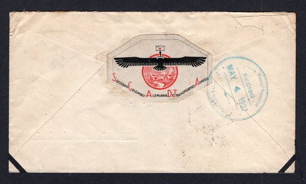 COLOMBIAN AIRMAILS - SCADTA - 1927 - CINDERELLA: Cover franked with 1923 4c blue plus 1923 30c dull blue SCADTA issue (SG 395 & 41) tied by HONDA SCADTA cds. Addressed to USA with fine black & red octagonal 'Sociedad Colombo-Alemana De Transportes Aereos' EAGLE airmail seal tied on reverse by BARRANQUILLA transit cds.  (COL/8513)