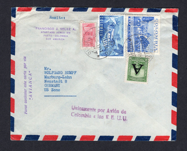 COLOMBIAN AIRMAILS - AVIANCA - 1951 - INSTRUCTIONAL MARK: Airmail cover franked with 1c, 5c & 18c national issues plus 1950 30c green AIR issue with large 'A' overprint of AVIANCA tied by PASTO cds's. Addressed to GERMANY with fine strike of 'Favor contestar esta carta por via "AVIANCA"' cachet in purple and also two line 'Unicamente por Avion de Colombia a los E.E.U.U.' cachet in purple all on front.  (COL/8522)