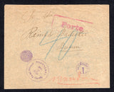 COLOMBIA - 1908 - STAMP SHORTAGE: Stampless cover with manuscript 'Pago el Porte Admor Hap. Mathieu y' endorsement on reverse and large boxed 'PORTE' in red on front. Taxed in transit at CARTAGENA with CARTAGENA duplex cancel and small circular 'T CARTAGENA' tax marking with manuscript '40' in blue. Addressed to GERMANY with arrival cds on reverse and large amount of what appears to be contemporary text in German. Unusual.  (COL/9049)