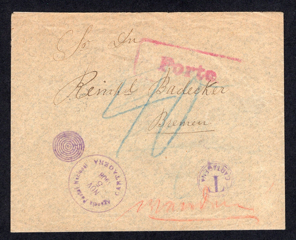 COLOMBIA - 1908 - STAMP SHORTAGE: Stampless cover with manuscript 'Pago el Porte Admor Hap. Mathieu y' endorsement on reverse and large boxed 'PORTE' in red on front. Taxed in transit at CARTAGENA with CARTAGENA duplex cancel and small circular 'T CARTAGENA' tax marking with manuscript '40' in blue. Addressed to GERMANY with arrival cds on reverse and large amount of what appears to be contemporary text in German. Unusual.  (COL/9049)