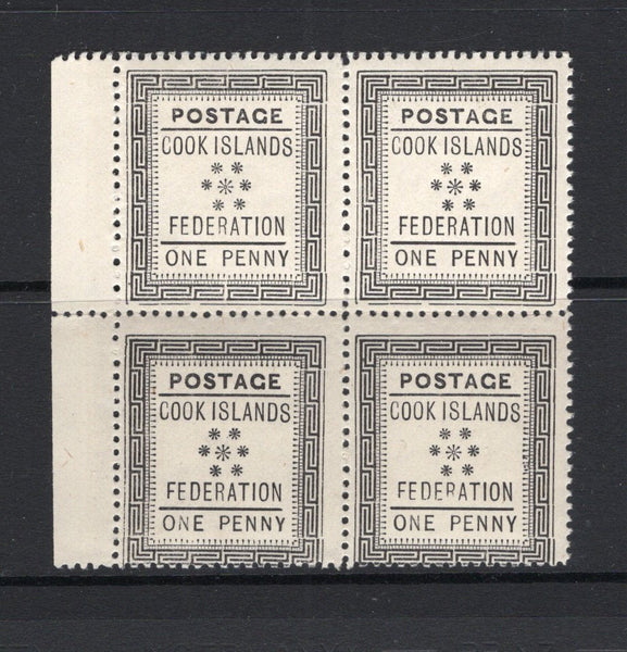 COOK ISLANDS - 1892 - CLASSIC ISSUES: 1d black 'Federation' issue, a fine mint side marginal block of four. (SG 1)  (COO/11641)