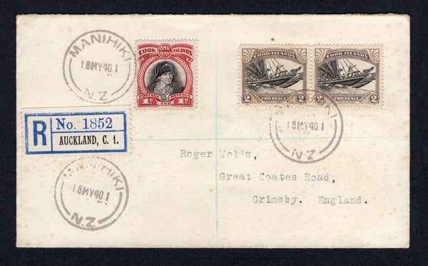 COOK ISLANDS - 1940 - CANCELLATION: Registered 'Wells' cover franked with 1933 1d black & scarlet and pair 2d black & brown (SG 107/108) tied by MANIHIKI N.Z. cds's with printed 'AUCKLAND' registration label added in transit with AUCKLAND transit cds on reverse.  (COO/20875)