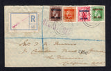 COOK ISLANDS - 1923 - REGISTRATION: Registered cover franked with 1919 1d carmine 'Universal' issue and ½d green, 1½d orange brown and 2d chocolate GV Head issue (SG 47, 56/57 & 59) tied by RAROTONGA cds's with plain blue & white registration label with 'RAROTONGA' handstamp in magenta alongside. Addressed to USA with arrival mark on reverse.  (COO/23789)