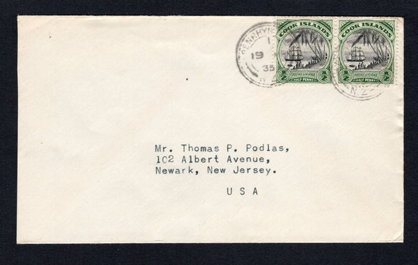 COOK ISLANDS - PENRHYN ISLAND - 1935 - DEFINITIVE ISSUE: Cover franked with pair Cook Islands 1932 ½d black & deep green GV issue (SG 99) tied by two strikes of PENRHYN ISLAND N.Z. cds dated 19 MR 1935. Addressed to USA.  (COO/43187)