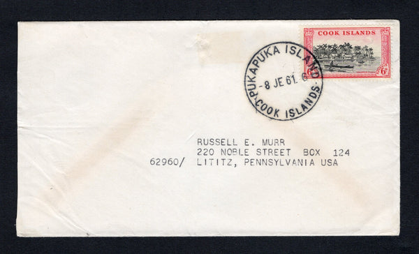 COOK ISLANDS - 1961 - CANCELLATION: Cover franked with 1949 6d black & carmine (SG 155) tied by fine strike of PUKAPUKA ISLAND cds dated 8 JE 1961. Addressed to USA.  (COO/43188)