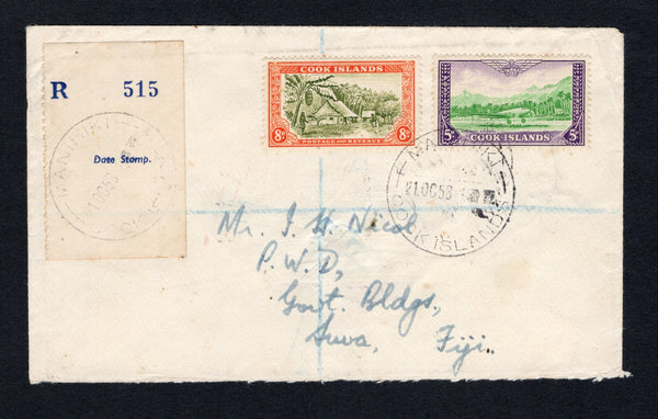 COOK ISLANDS - 1958 - REGISTRATION & CANCELLATION: Registered cover franked with 1949 5d emerald green & violet and 8d olive green & orange (SG 154 & 156) tied by MANIHIKI cds dated 21 OC 1958 with plain registration label with additional strike of the MANIHIKI cds alongside. Addressed to FIJI with SUVA transit and GOVT BUILDINGS P.O. arrival cds on reverse.  (COO/43189)