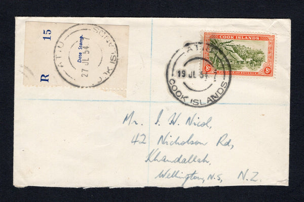 COOK ISLANDS - 1954 - REGISTRATION & CANCELLATION: Registered cover franked with single 1949 8d olive green & orange (SG 156) tied by ATIU cds dated 19 JL 1954 with plain registration label with additional strike of the ATIU cds alongside. Addressed to NEW ZEALAND with RAROTONGA transit cds and NEW ZEALAND arrival cds on reverse.  (COO/43190)