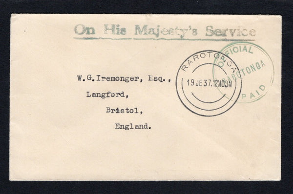 COOK ISLANDS - 1937 - OFFICIAL MAIL: Stampless OFFICIAL cover with 'On His Majesty's Service' handstamp at top with good strike of undated 'OFFICIAL PAID RAROTONGA' cds in green with RAROTONGA cds dated 19 JE 1937 alongside. Addressed to UK.  (COO/43191)