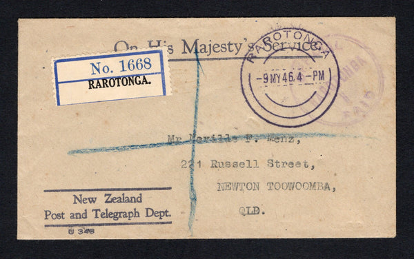COOK ISLANDS - 1946 - OFFICIAL MAIL & REGISTRATION: Stampless printed 'On His Majesty's Service New Zealand Post and Telegraph Dept.' registered OFFICIAL cover with undated 'OFFICIAL PAID RAROTONGA' marking in purple with RAROTONGA cds dated 9 MY 1946 and printed 'RAROTONGA' registration label alongside. Addressed to AUSTRALIA with transit & arrival marks on reverse.  (COO/43192)