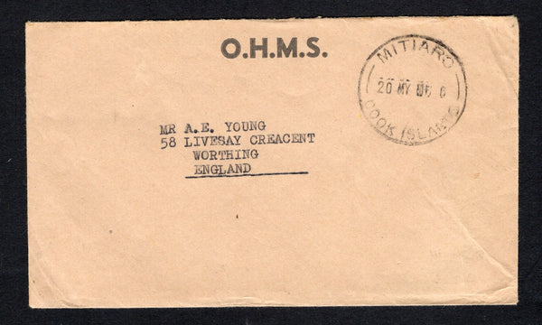 COOK ISLANDS - 1960 - OFFICIAL MAIL & CANCELLATION: Stampless printed 'O.H.M.S.' cover with fine strike of MITIARO cds dated 20 MY 1960. Addressed to UK with original enclosure from the Mitiaro postmaster inside.  (COO44252)