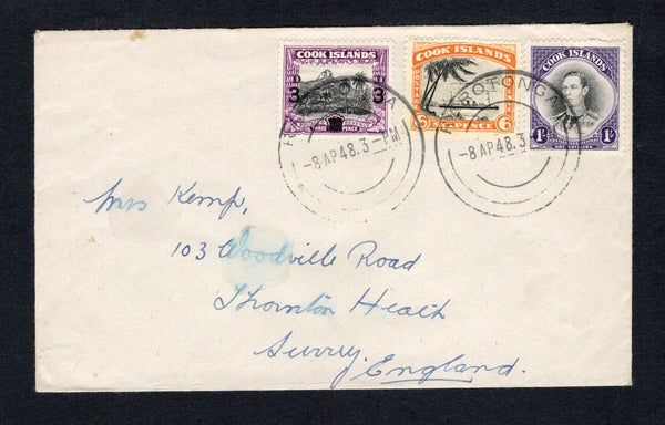 COOK ISLANDS - 1948 - GVI ISSUE: Commercial cover franked with 1940 3d on 1½d black & purple and 1944 6d black & orange and 1/- black & violet GVI issue (SG 130 & 142/143) tied by two strikes of large RAROTONGA cds dated 8 AP 1948. Addressed to UK.  (COO44253)