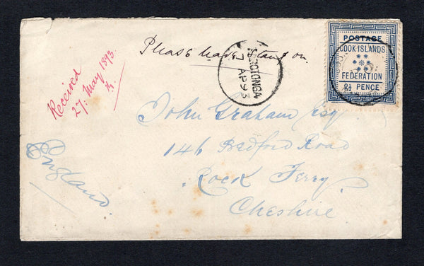 COOK ISLANDS - 1893 - CLASSIC ISSUES: Cover franked with single 1892 2½d blue 'Federation' issue (SG 3) cancelled by good strike of the undated COOK ISLANDS P.O. RAROTONGA cancel in black with RAROTONGA cds dated 7 AP 1893 alongside. Addressed to UK with light strike of New Zealand transit cds and British arrival cds on reverse. A couple of light tones but a very rare commercial first issue cover.  (COO44350)