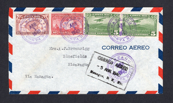 COSTA RICA - 1940 - AIRMAIL & DESTINATION: Airmail cover franked pair 1934 5c green, 1936 35c red brown & 10c carmine (SG 198, 221 & 227) tied by CARTAGO cds's. Addressed to BLUEFIELDS, NICARAGUA with boxed CORREO AEREO MANAGUA transit mark on front & various other marks on reverse.  (COS/17428)