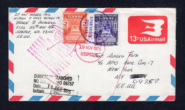 COSTA RICA - 1975 - POSTAL FISCALS: USA 13c red postal stationery airmail envelope (H&G FB27) franked with 1965 1col violet and 2col red orange 'Timbre' REVENUE issue tied by CORREOS DE COSTA RICA DEPARTAMENTO EXTERIOR cds in purple & CORREOS DE COSTA RICA AEROPOSTAL cds in red. Addressed to USA, unclaimed with various transit and arrival marks.  (COS/17429)