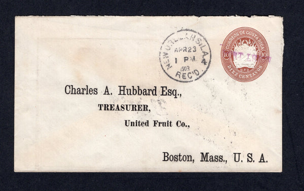 COSTA RICA - 1903 - CANCELLATION: 10c postal stationery envelope (H&G B4) used with good strike of straight line 'PORT LIMON' cancel in purple. Addressed to USA with NEW ORLEANS arrival cds on front & reverse.  (COS/26686)