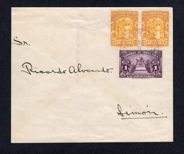 COSTA RICA - 1924 - EMERGENCY AIRMAIL FLIGHT: Plain commercial cover franked with 1c purple and pair 2c chrome yellow (SG 137/138) tied by fine CORREO AEREO SAN JOSE - LIMON cds dated JAN 9 1924. Addressed to LIMON with arrival cds dated JAN 9 1924 on reverse (with day & month inverted). This cover appears to have been flown on one of the five emergency flights by the US Army although the date does not directly tie to a specific flight. Unusual.  (COS/31609)