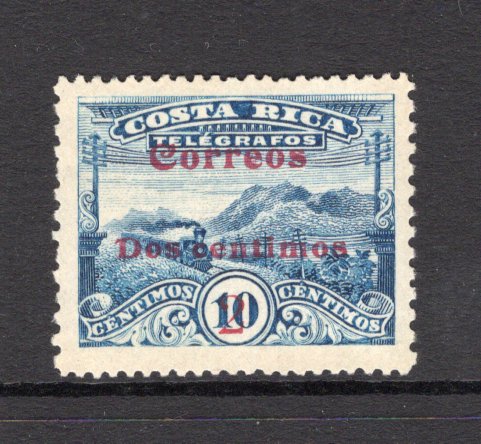 COSTA RICA - 1911 - PROVISIONAL ISSUE: 2c on 10c blue 'Train' TELEGRAPH issue perf 14 x 11½, a fine mint copy. Scarce stamp. (SG 109)  (COS/4021)