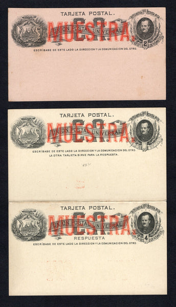 COSTA RICA - 1883 - POSTAL STATIONERY: 2c black on brownish pink postal stationery card and 4c+0c black on buff postal stationery reply card (H&G 1/2) both overprinted 'MUESTRA' (Specimen) in large red letters. Fine unused.  (COS/43087)