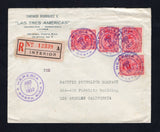 COSTA RICA - 1932 - REGISTRATION: Registered cover franked with 4 x 1930 10c carmine (SG 176) tied by HEREDIA cds's dated AGO 17 1932 with printed black & red on pink 'INTERIOR' registration label applied in error on front (The 'EXTERIOR' label should have been used). Addressed to USA with various transit & arrival marks on reverse.  (COS/43124)