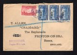 COSTA RICA - 1939 - REGISTRATION: Registered cover franked with 1936 10c carmine and strip of three 1938 20c blue with '1938' overprint on front and 1936 5c green on reverse (SG 226/227 & 248) all tied by SAN JOSE cds's dated JUL 29 1939 with 'REGISTERED Fragile.- With Care' marking in purple on front with '02238' registration number handstamped above. Addressed to UK with registered arrival marks on reverse. Part of backflap missing.  (COS/43125)