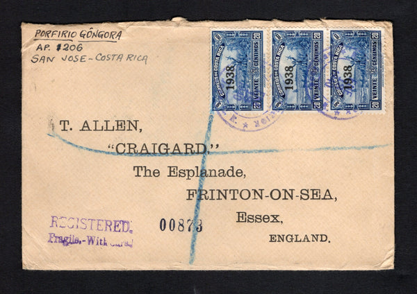 COSTA RICA - 1939 - REGISTRATION: Registered cover franked with 3 x 1938 20c blue with '1938' overprint on front and 1936 5c green and 10c carmine on reverse (SG 226/227 & 248) all tied by SAN JOSE cds's dated JAN 13 1940 with 'REGISTERED Fragile.- With Care' marking in purple on front with '00873' registration number handstamped alongside. Addressed to UK with registered arrival marks on reverse.  (COS/43126)