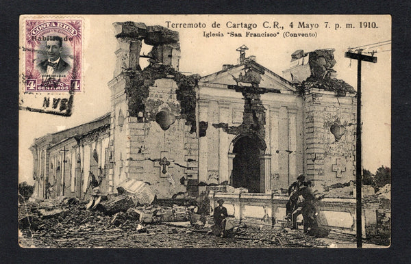 COSTA RICA - 1910 - EARTHQUAKE POSTCARD: Black & white PPC 'Terremoto de Cartago C.R. 4 Mayo 7pm 1910 Iglesia "San Francisco" (Convento)' showing destroyed church & convent franked on picture side with 1911 4c black & purple with 'HABILITADO 1911' overprint (SG 93) tied by partial boxed SAN JOSE cancel with SAN JOSE cds dated ABR 28 1912 on reverse. Addressed to FRANCE with arrival cds also on reverse.  (COS43854)