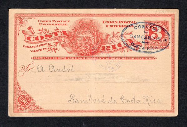 COSTA RICA - 1901 - POSTAL STATIONERY & CANCELLATION: 3c red on buff postal stationery card (H&G 4) datelined 'Muelle de S. Carlos de 29 de Enero de 1901' on reverse used with good strike of undated oval CORREOS SAN CARLOS COSTA RICA cancel in blue. Addressed to SAN JOSE with arrival cds on front. Card is lightly toned and has one line of address excised.  (COS43856)