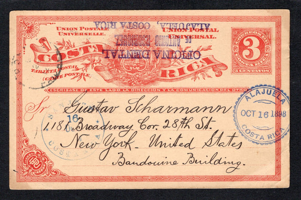 COSTA RICA - 1901 - POSTAL STATIONERY & DENTAL THEMATIC: 3c red on buff postal stationery card (H&G 4) with 'OFICINA DENTAL DE ANTONIO RODRIGUEZ, ALAJUELA, COSTA RICA' cachet in purple on front used with ALAJUELA 'Cog Wheel' cds dated OCT 16 1898. Addressed to USA with SAN JOSE transit cds on front and arrival cds on reverse.  (COS43857)