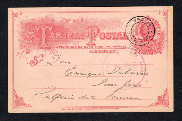 COSTA RICA - 1905 - POSTAL STATIONERY & CANCELLATION: 2c rose on pink postal stationery card (H&G 8) used with undated GRECIA cds in black. Addressed to SAN JOSE with arrival cds dated JUL 10 1905 on front.  (COS43861)