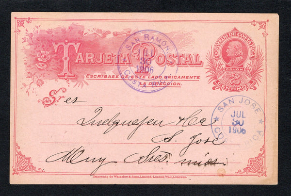 COSTA RICA - 1905 - POSTAL STATIONERY & CANCELLATION: 2c rose on pink postal stationery card (H&G 8) used with fine SAN RAMON cds in purple dated JUL 30 1906. Addressed to SAN JOSE with arrival cds on front.  (COS43863)