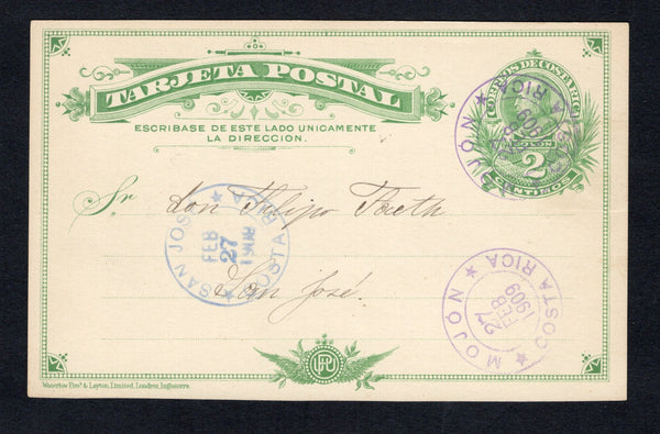 COSTA RICA - 1909 - POSTAL STATIONERY & CANCELLATION: 2c light green on cream postal stationery card (H&G 12) used with two fine strikes of MOJON cds in purple dated 27 FEB 1909. Addressed to SAN JOSE with arrival cds on front.  (COS43864)