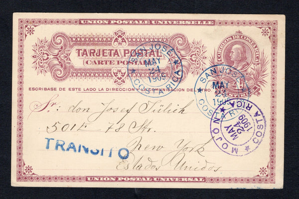 COSTA RICA - 1909 - POSTAL STATIONERY & CANCELLATION: 4c deep red violet on cream postal stationery card (H&G 11) used with fine strike of MOJON cds in purple dated MAY 24 1909. Addressed to USA with SAN JOSE transit cds's and straight line 'TRANSITO' marking on front.  (COS43865)