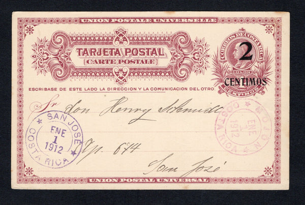 COSTA RICA - 1912 - POSTAL STATIONERY & CANCELLATION: 2c on 4c deep red violet on cream postal stationery card (H&G 15) used fine MOJON cds in reddish purple dated JAN 1 1912. Addressed to SAN JOSE with arrival cds on front. Nice use of this card from a small P.O.  (COS43867)