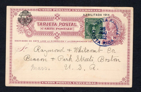 COSTA RICA - 1922 - POSTAL STATIONERY & CANCELLATION: 4c deep red violet on cream postal stationery card with 'HABILITADO 1914' overprint (H&G 16) used with added 1910 2c deep green (SG 78) tied by AMATA REDONDA cds in purple dated 26 AGO 1922 (San Jose branch P.O.). Addressed to USA.  (COS43868)
