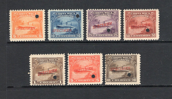 COSTA RICA - 1910 - TELEGRAPH ISSUE & SPECIMENS: 'Steamer Ship' TELEGRAPH issue, the set of seven each stamp overprinted 'SPECIMEN' and with small hole punch. Ex ABNCo. archive. (Barefoot #13/19)  (COS44153)