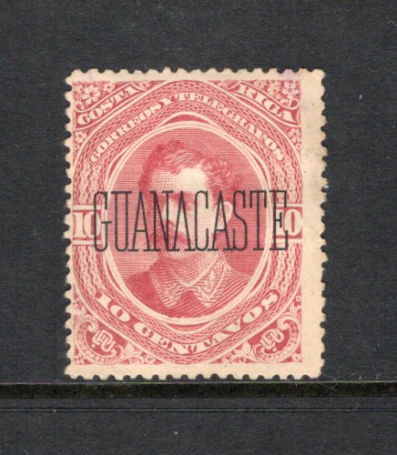 COSTA RICA - GUANACASTE - 1889 - GUANACASTE: 10c brown lake 'Soto' issue with large capitalised 'GUANACASTE' overprint in black, an unused example with variety 'NO CROSS BAR TO A' from position71 in the sheet of 100. A very scarce variety. (SG G65B, Mena #G53a)  (COS44156)