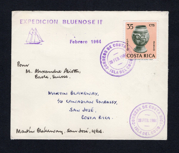 COSTA RICA - 1964 - COCOS ISLAND: Cover with printed 'ON BOARD BLUENOSE II' on flap franked with 1963 35c bronze green & light salmon 'Archaeology' issue (SG 689) tied by fine strike of CORREOS DE COSTA RICA ISLA DE COCO cds dated 20 FEB 1964 with second strike alongside and handstruck 'EXPEDICION BLUENOSE II Febrero 1964' illustrated 'Ship' cachet in purple. Addressed to SAN JOSE with arrival cds on reverse. Very scarce.  (COS44200)